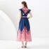 2023 Early Autumn Palace Style Flip Collar Single Front Small Flying Sleeve Printed Long Dress