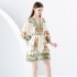 2024 Early Spring - Vacation style V-neck pleated lantern sleeves retro painted printed mini dress