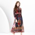 2024 Early Spring - Palace style stand up collar lantern sleeve wave side length retro printed dress