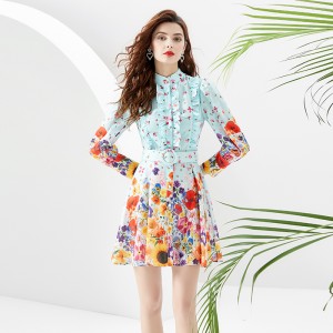 2024 Spring and Summer Wave Edge Wide Skirt Linen Short Mini Printed Dress