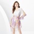 2024 Early Spring - Vacation Style V-neck Lantern Sleeve Wave Edge Colorful Mini Printed Dress Two Piece Set