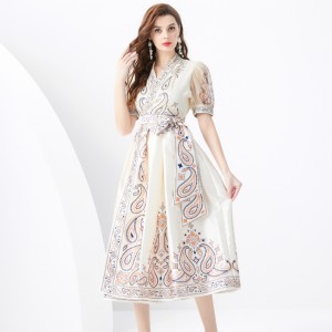 2024 Vacation - Resort Wrap Strap Style V-neck Lantern Sleeve Long Retro Printed Dress