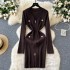 Elegant socialite sexy V-neck zipper long sleeved dress for women in autumn, metal buckle waist cinched bottom knitted woolen dress