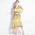 2023 autumn new Miyake wrinkled high-end print V-neck slimming dress with elegant temperament and split A-line skirt