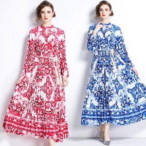 2023 Positioning Printed Lantern Sleeve Hundred Fold Tassel Belt Dress