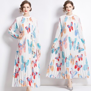 2023 Positioning Printed Lantern Sleeve Hundred Fold Tassel Belt Dress