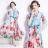 2024 plus size women's loose printed dress with belt and oversized swing skirt