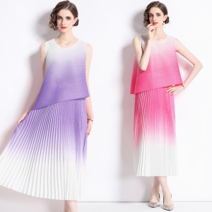 Miyake T-shirt for women's summer, new high-end style, niche age reduction suit, pleated versatile top, loose and slimming pleated skirt