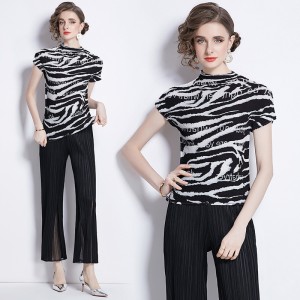 2024 Miyake high-end T-shirt temperament versatile zebra pattern color blocked short sleeved simple and versatile slimming bell bottom pants