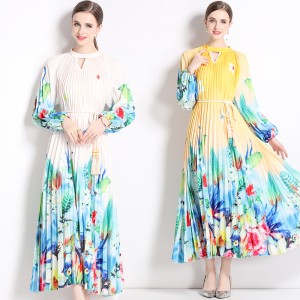 Original 2023 positioning printed lantern sleeve pleated fringe waistband dress