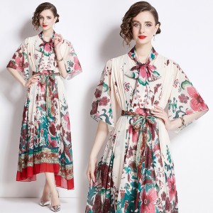 2024 plus size women's loose printed dress with belt and oversized swing skirt