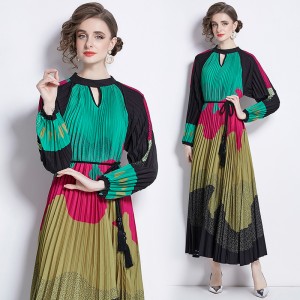 2024 positioning printed lantern sleeve pleated fringe waistband dress