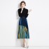 Versatile Knitted Bottom Shirt+Organ Fold Blue Umbrella Skirt Colorful Printed High Waist pleated Skirt