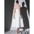 Spot light luxury heavy industry white strapless Vietnamese designer waist cinching niche nail bead feather dress 30204