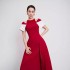 Vintage color blocked hollow red dress in stock, new design sense, niche waist cinching dress, long skirt 40159