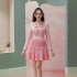 Vietnamese designer niche pleated pink dress temperament three-dimensional flower pleated short skirt 67955