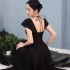 Spot temperament splicing neck hanging big swing dress, socialite slimming black dress, long skirt 40199