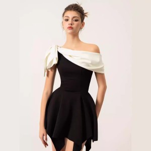 Spot Vietnam niche design black and white irregular short skirt high-end temperament classic contrasting color dress 40118