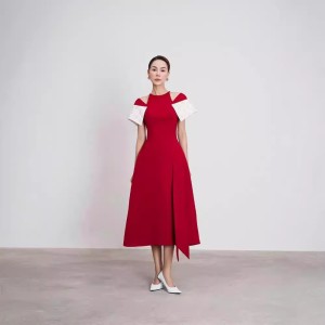 Vintage color blocked hollow red dress in stock, new design sense, niche waist cinching dress, long skirt 40159