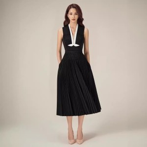 French temperament heavy industry pleated dress Vietnamese designer contrasting color woven nail bead dress long skirt 30036