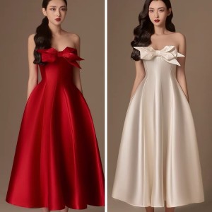 Spot socialite strapless sexy dress, Vietnamese designer three-dimensional bow satin dress 30024