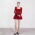 Spot temperament splicing square neck red short skirt, new niche design sense, waist cinching toast dress 4016