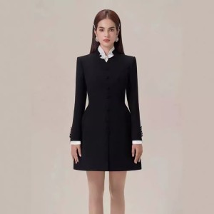 Spot Vietnamese designer autumn and winter new item niche stand up collar retro A-line black skirt waist slimming dress 22226