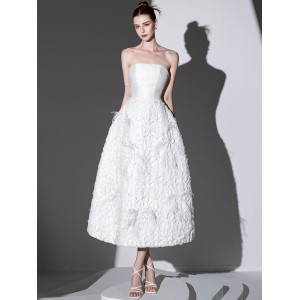 Spot light luxury heavy industry white strapless Vietnamese designer waist cinching niche nail bead feather dress 30204