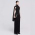 Temperament scarf collar patchwork tassel dress new high-end asymmetric slimming dress long skirt 40243