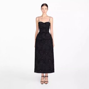 Spot temperament bow, fringed suspender, long skirt, socialite slimming, waist cinching black dress 40223