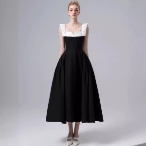 French niche wide shoulder strap small dress, Vietnamese designer's new style temperament black and white contrasting dress 30336