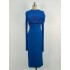 Spot temperament pleated slit long sleeved dress autumn new elegant slim fit blue long skirt 40248