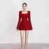 Spot temperament splicing square neck red short skirt, new niche design sense, waist cinching toast dress 4016