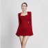 Spot temperament splicing square neck red short skirt, new niche design sense, waist cinching toast dress 4016