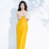 Spot designer heavy industry temperament nail bead big bow yellow strapless dress QW230242