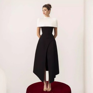 French classic black and white contrasting cape dress, new high-end elegant slit dress, long skirt 40114