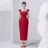 In stock new style butterfly bow red dress long skirt elegant waist slimming dress 40021