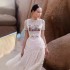 Elegant temperament, floral lace waist cinched top, textured skirt set 68033