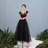 Spot temperament splicing neck hanging big swing dress, socialite slimming black dress, long skirt 40199