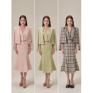 Vintage Thousand Bird Grid Small Fragrant Style Set in Stock, Vietnamese Designer Vest Fishtail Skirt Jacket 3-Piece Set 22220