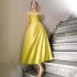 In stock elegant pleated single shoulder dress long skirt 2024 new high waisted yellow dress 40106