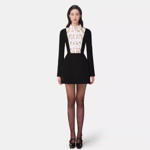 French hollowed out patchwork dress, Vietnamese designer's new niche style lapel and waist cinching short skirt 40058