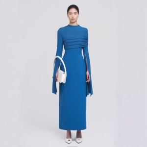 Spot temperament pleated slit long sleeved dress autumn new elegant slim fit blue long skirt 40248