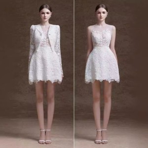 Elegant lace hollow out short skirt set in stock, new style, slim fit white dress jacket 40177