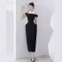 Spot Vietnamese niche black and white diamond grid dress new style temperament lapel waist slimming dress long skirt 40013