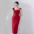 In stock new style butterfly bow red dress long skirt elegant waist slimming dress 40021