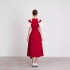 Vintage color blocked hollow red dress in stock, new design sense, niche waist cinching dress, long skirt 40159