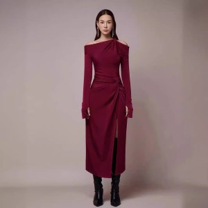 Vietnamese niche design diagonal shoulder knot slit dress new style temperament slim fit slimming long dress 40034