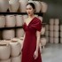 High end French wine red dress dress, Vietnamese designer asymmetrical sloping shoulder satin dress 22156