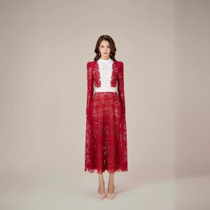 Spot Heavy Industry Embroidered Red and White Dress 30033